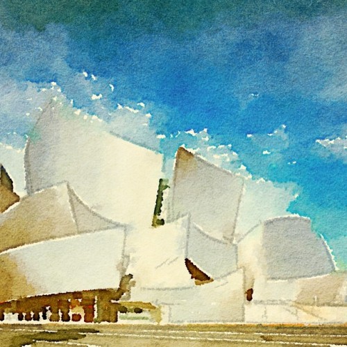 #WaltDisneyConcertHall #losangeles. Original photo by Carol Highsmith. Painted in #waterlogue #architecture #disneyhall #frankgehry