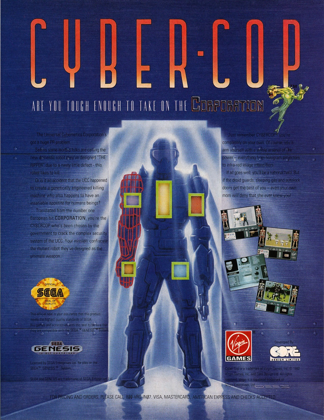 “Cyber-Cop / Corporation” [Genesis/Mega Drive]
• EGM, June 1992 (#35)
• Scanned by RetroMags, via EmuParadise
• Oh hey! Another early first-person shooter! How early? Well, the original home computer version came out in 1990, two years before...