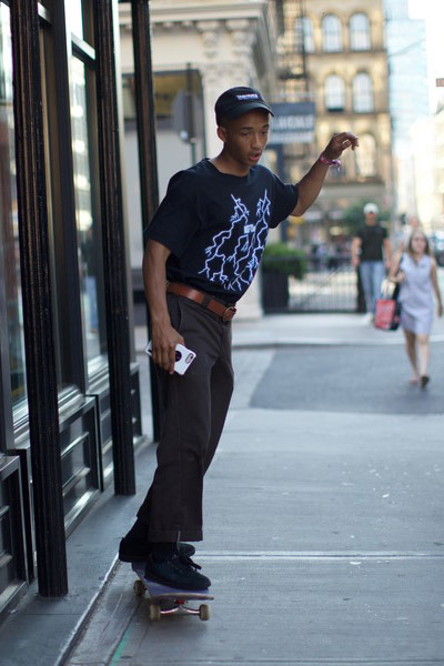 Jaden Smith Wears Mismatched Sneakers While Skateboarding In NYC