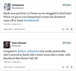 jasoncanty01:  randomredux:  joannalaine:  Journalists at Sochi are live-tweeting their hilarious and gross hotel experiences  Amid continued debate over whether or not Sochi is prepared to host the 2014 Olympics, which begins Thursday, reporters from