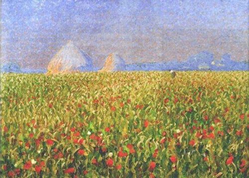 huariqueje:  Poppy Field  with haystacks in the far  -   Charles Frechon French ,1856-1929 Oil on ca