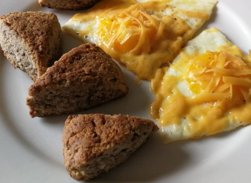 Fried eggs and pecan flour scones for lunch. The scone recipe is in my story highlights. They are am