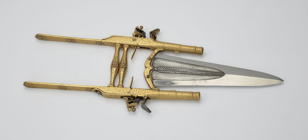 peashooter85:  Gold decorated Indian katar with flintlock pistols, 19th century.from