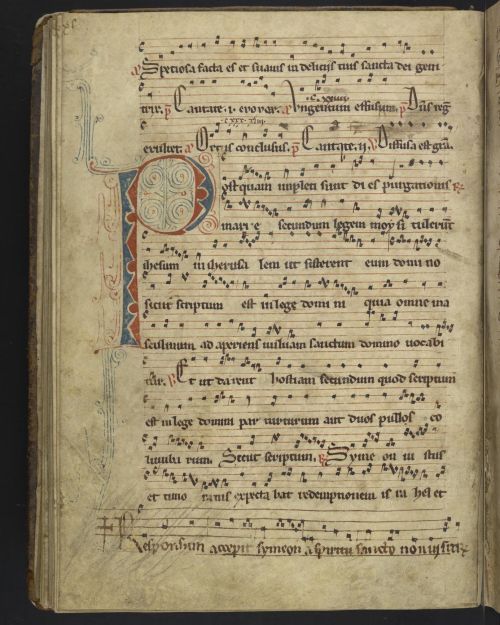 upennmanuscripts:  Today’s #ManuscriptOfTheDay is Ms. Codex 1590, a late 13th century secular (as opposed to monastic) antiphonary for liturgical use in Lyon. f. 40v features a large puzzle initial, and some later musical notation written in the bottom