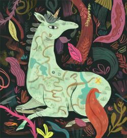 paperalligator:  Illustration for the March issue of Plansponsor— it’s about looking for guidance. Mint and neon? Yes please! I had so much fun experimenting with shapes and washes on this one. The unicorn body started out as a black shape with white