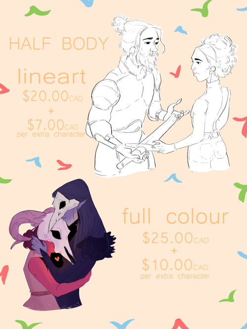 sophsarts: Hi everyone! I’m updating my commission prices, adding a lineart and half-body option!  A