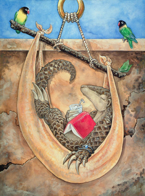 Ursula Vernon - 2004Yerf.org description: It’s a pangolin. In a hammock. With masked lovebirds