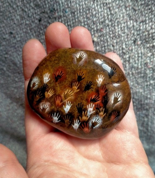 A Bigger Decorative Piece With Cave Painting Handprints. River Pebble And Tempera