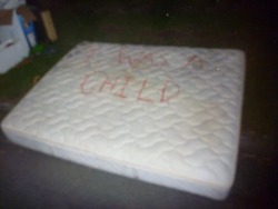 albinobunnyboy:  &ldquo;I was a child&rdquo;red paint on abandoned mattress in memory of domestic abuse during 2013 