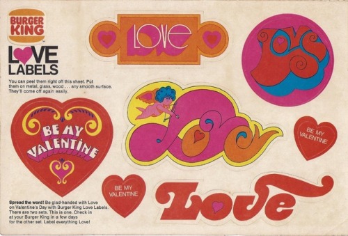 thegroovyarchives: 1970′s Burger King Love Labels stickers(via: eBay)