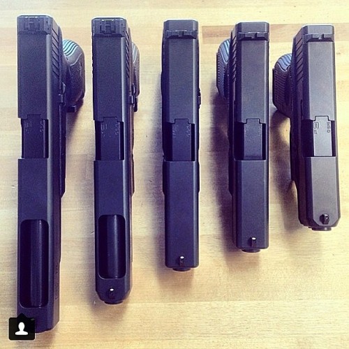 glockfanatics:  The entire glock 9mm family. From left to right G17L, G34, G17, G19, and the G26. (Posted by @igoperator) #glockfanatics #glockporn #glockperfection #glockmods #teamglock