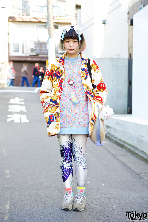 Elleanor on the street in Harajuku with a resale Gerlan Jeans sweatshirt, teddy bear jacket, Little 