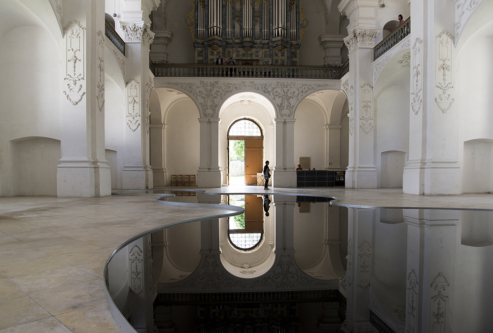 arpeggia:  Romain Crelier - La Mise en Abîme, 2013, used oil, metal, at the Abbey-church