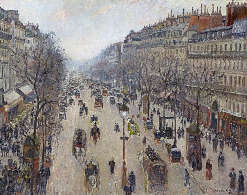 insipit:  Camille Pissarro (1830–1903, France)Boulevard Montmartre series  Pissarro was a Danish-French Impressionist and Neo-Impressionist painter. He studied from great forerunners, including Gustave Courbet and Jean-Baptiste-Camille Corot, then later