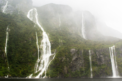 Ephemeral waterfalls coming out of the clouds at Milford Sound.Milford Sound, Fiordland, South Islan