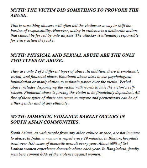 awaazzine:  SOUTH ASIAN DOMESTIC ABUSE MYTHS Domestic abuse is something that is unfortunately present in many households, but due to fear and stigma not spoken about. The fault is not in the victims, it’s a cycle of abuse that continues due to the