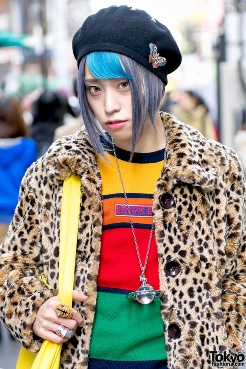 Japanese IT professional Uri on the street in Harajuku. He&rsquo;s wearing a leopard print coat 