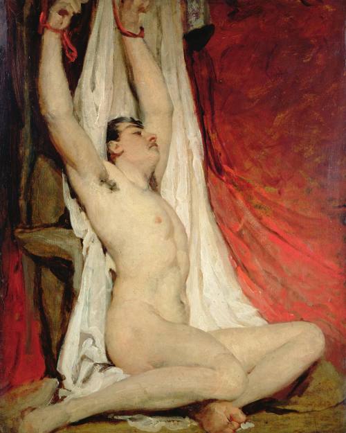 antonio-m:  William Etty, Male Nude, with Arms Up-Stretched, 1828 and 1830@yorkartgallery In  his lifetime, his concentration on painting the nude gave rise to  much-heated debate about the moral value of his painting. After his  death, many collections