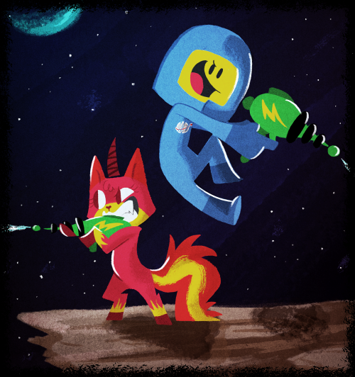 policetomeetyou:  Art request for Quiixotical. Unikitty and Benny firing lasers! Pew pew! 