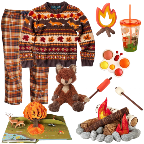 begin image ID. a cozy orange and brown autumn themed moodboard. there is an elaborate knitted sweater, patterned with red and orange trees, foxes, and falling leaves. alongside is a pair of orange and brown flannel pajama pants. to the side is a campfire shaped silicone teether, a kid's cup with a fox and raccoon in the forest, a butterfly pop toy in warm colours, and a scraggly fox plushie. at the bottom is a plush kid's playset of a campfire with birch and oak logs, as well as a toy hotdog and marshmallow roasting on sticks. in the bottom corner is a pop up book of an autumn forest, with a large orange tree in the center, framed by two deer and a badger walking in the grass. end image ID.