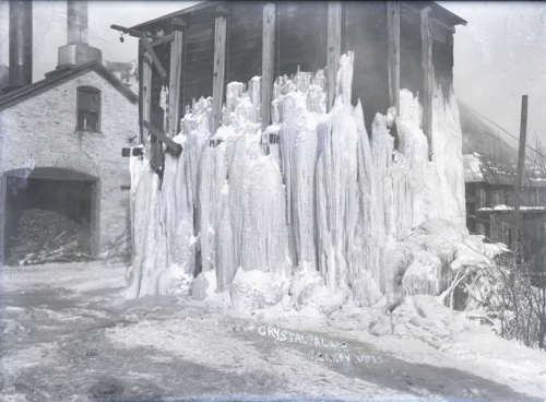 Ice formations at a mill, Gagen, Langlade County, Wisconsin, 1900 – 1920.Photograph by Arthur J. Kin