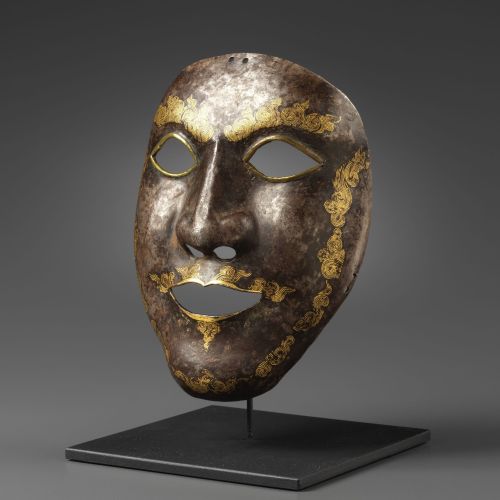 Tibetan War Mask, 14th–16th century,Iron, Gold, Copper AlloyDimensions: H. 7 11/16 in. (19.5 cm); W.