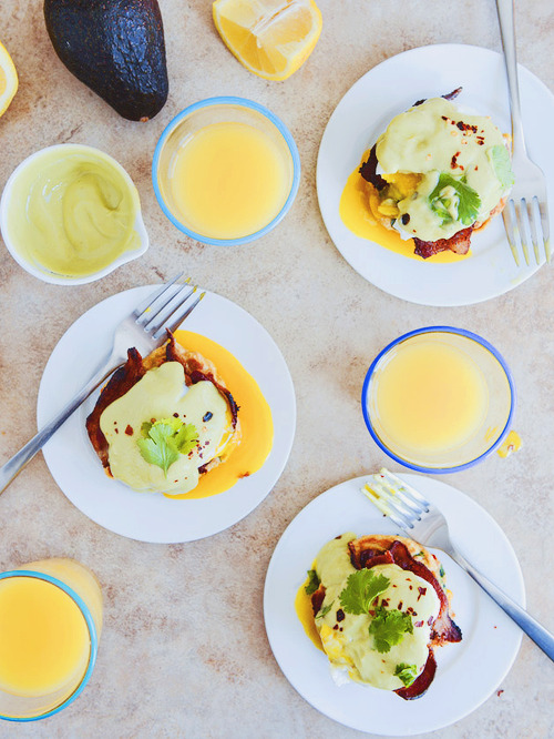 sweet corn cake eggs benedict with avocado hollandaise by howsweeteats