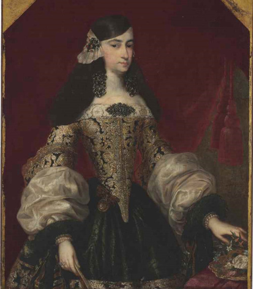 Portrait of a noble lady, three-quarter length, in a green gold-embroidered dress; Spanish School, 1