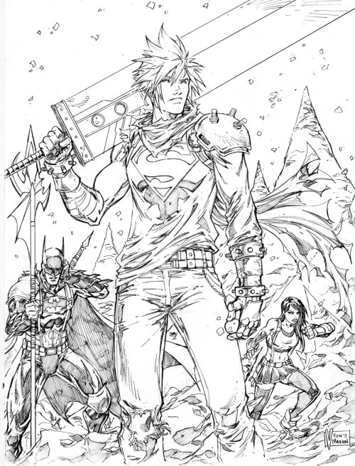 theartofthecover:Justice League of America/Final Fantasy VII fan pieces pitch (2019)Art by:V Ken Mar