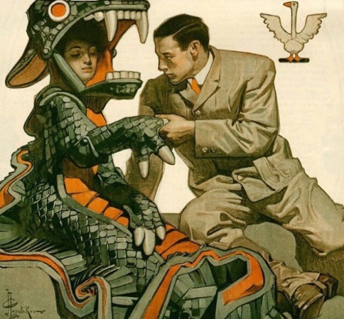 occultdigest:Leyendecker’s illustration of a man who doesn’t understand his scalie wife but loves he