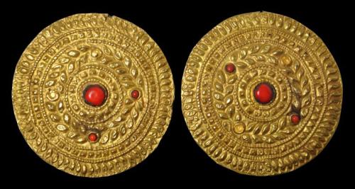 Pair of Gold &amp; Coral Ear Ornaments (Godwari or Mendog Kogde)Sherpa People, Nepal-Tibet19th c