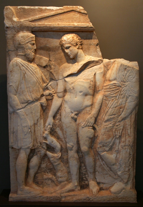 Grave stele from Brauron in Attica, featuring two individuals identified by inscriptions as Menon (l