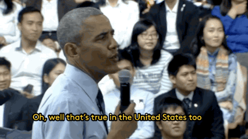 profeminist:  refinery29:   President Obama just perfectly captured what it’s like to love hip hop without ignoring its problems The woman he’s speaking to is a Vietnamese rapper named Suboi, who rapped to the President about financial inequality.