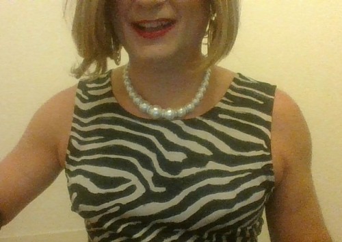 cindycross-39:Me Cindy Cross crossdressing in a zebra print dress, white pearl necklace and makeup (