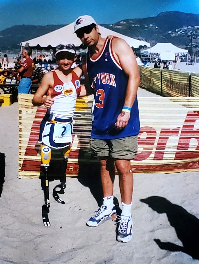 Garcia-Tolson, left, meeting the actor David Duchovny at the Malibu Triathlon in a family photo. “How crazy is it that I met this guy like 20 years ago and now I am training in his pool?” 