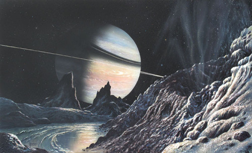 humanoidhistory:  Saturn looks glorious in “Snow on Enceladus” by David A. Hardy.