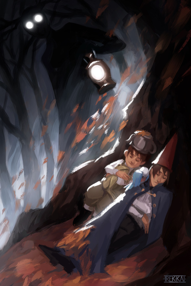 Wirt, Greg and Beatrice from Over the Garden Wall are asleep in the woods, at the foot of a mighty tree. Greg is smiling and clutching Jason Funderberker, the frog, to his chest. Wirt looks stiff and tired. Beatrice, perched on his shoulder, hides her face underneath her wing. Through the fog, the figure of the Beast looms above them, illuminating them with his lantern. 