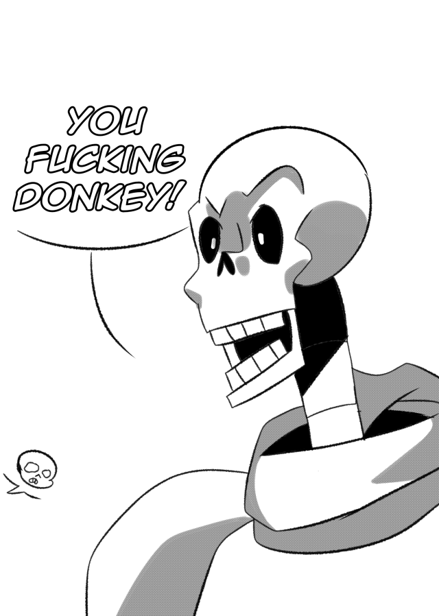 An Image of Papyrus saying the word fuck with a small doodle of Sans seemi gly crying in the corner 