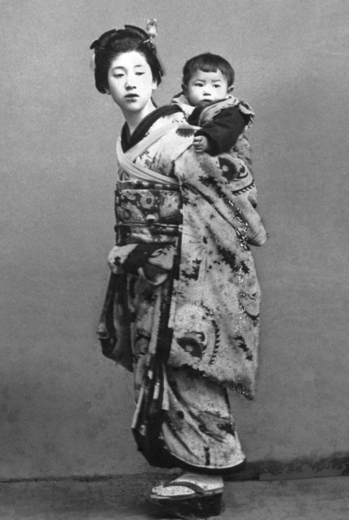 thekimonogallery:Girl carrying a baby. Late 19th century, Japan by M. Nakajima of Tokyo. [image  i