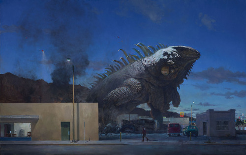 itscolossal:Large Animals Terrorize Suburban Towns in Paintings by John Brosio 