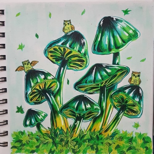 #mushroommarch 03 : Hygrocibe Psittacina. It’s a super shiny green mushroom. I haven’t r