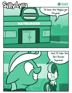 dori-to:  It’s been a whole while since the last Lyra comic. Time to kick things off for some new ones!This actually happened in December of last year, so it’s been a long time in the making. Enjoy as Lyra eats a hayburger!Silly Lyra Comic Book now