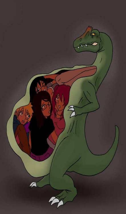 Dinosaur Swallowing Girls - voraciousmoga A dinosaur has some fun with unaware food I take no credit