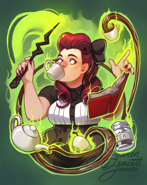 temporaryglitch:  Quick little tea witch for Creative Women Mini Con and Nautilus Tea! I had a lot of fun with this one!   Reminds me of @gang-vocals and @kathyisweird