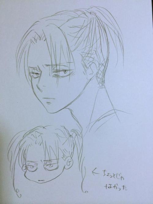  At today’s “Attack on Oyama” event, Isayama was asked “What would another hairstyle for Captain Levi look like?” He answered with “He would keep the undercut but grow out the hair, and then tie it up.” Needless