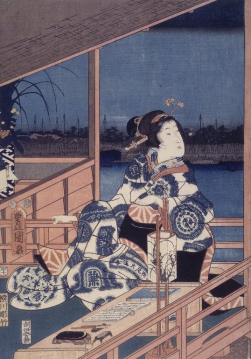 Moonlight View of Tsukuda with Lady on a Balcony, Utagawa KunisadaMedium: woodcut,paper