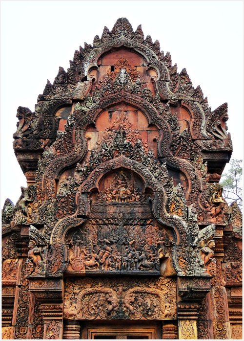 Carvings on Banteay Srei, a Cambodian temple dedicated to the Hindu god Shiva. It is located in