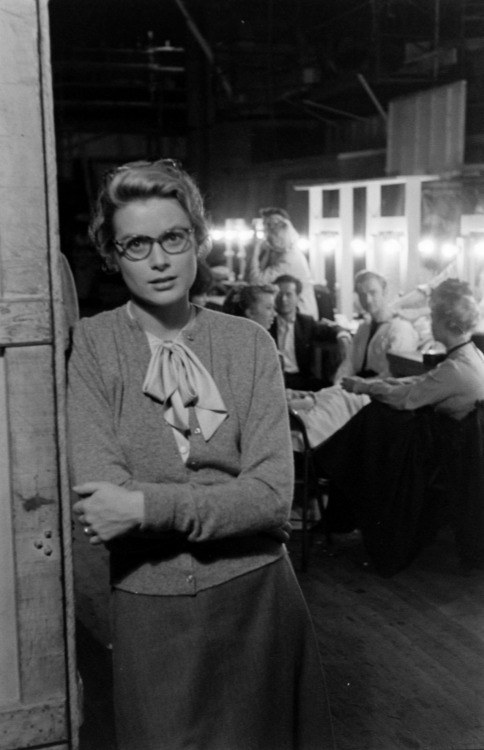 graceandfamily:Grace Kelly, in glasses, on the set of The Country Girl