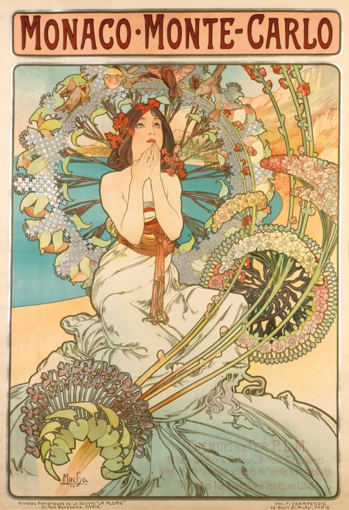 Monaco . Monte-CarloParis, 1897, F. Champenois.107.3 x 73.3 cm.Art by Alphonse Mucha.