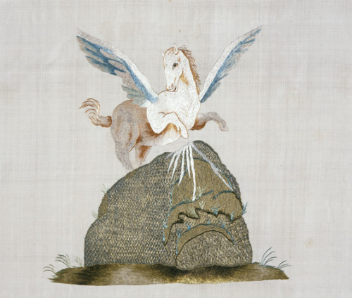 heaveninawildflower:Bed hanging with Pegasus and the Nine Muses (Italy, circa 1700).Silk with silk a